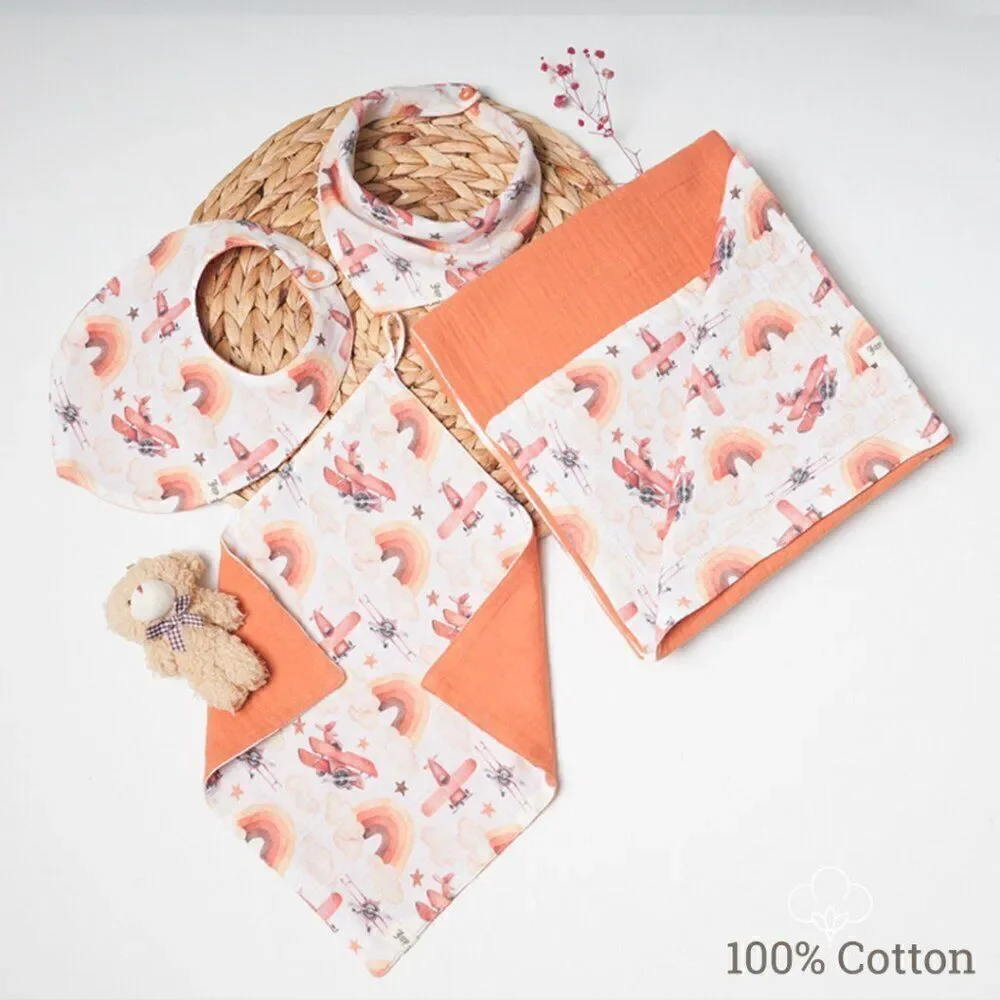 Baby Muslin blanket +burp cloth + toy + bib set, organic muslin baby bib, 4 laye